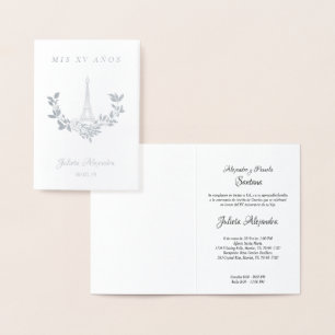 Tarjeta Con Relieve Metalizado Mis Quince años Diseño Floral París Plata