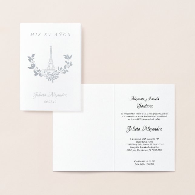 Tarjeta Con Relieve Metalizado Mis Quince años Diseño Floral París Plata (Demostración)