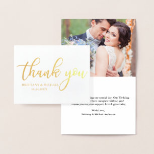 Tarjeta Con Relieve Metalizado Moderno Gracias Boda Foto Nota Oro