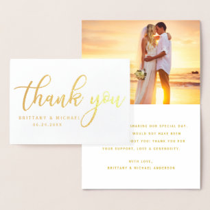 Tarjeta Con Relieve Metalizado Moderno Gracias Boda Pareja Foto Oro