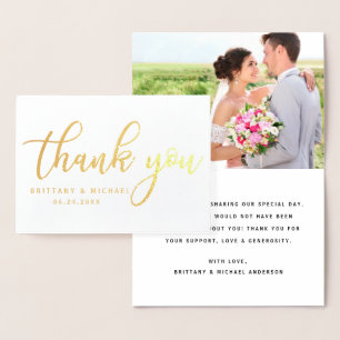 Tarjeta Con Relieve Metalizado Moderno Gracias Boda Pareja Foto Oro B