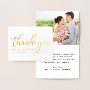 Tarjeta Con Relieve Metalizado Moderno Gracias Boda Pareja Nota B Oro