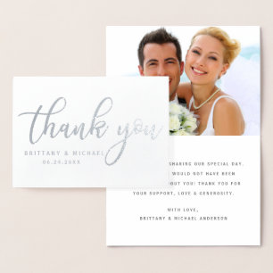 Tarjeta Con Relieve Metalizado Moderno Gracias Boda Photo Silver