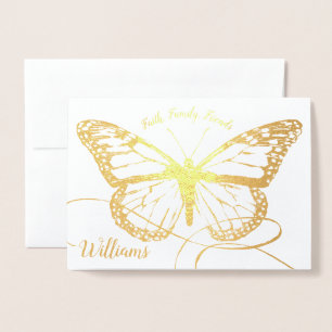 Tarjeta Con Relieve Metalizado Monarca Mariposa Monogramada Oro