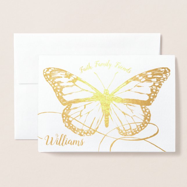 Tarjeta Con Relieve Metalizado Monarca Mariposa Monogramada Oro (Anverso con sobre)