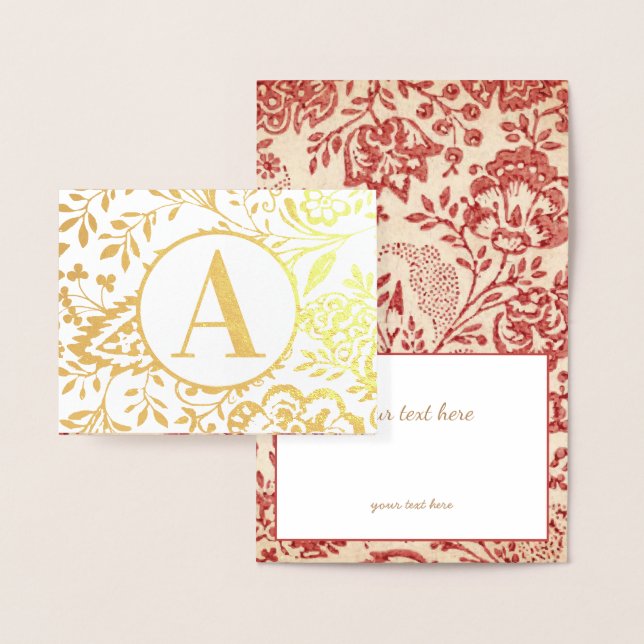 Tarjeta Con Relieve Metalizado Monograma elegante dorado o plateado rojo floral (Demostración)