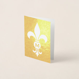 Tarjeta Con Relieve Metalizado Monogramed Fleur De Lis Elegant Folleto Nota