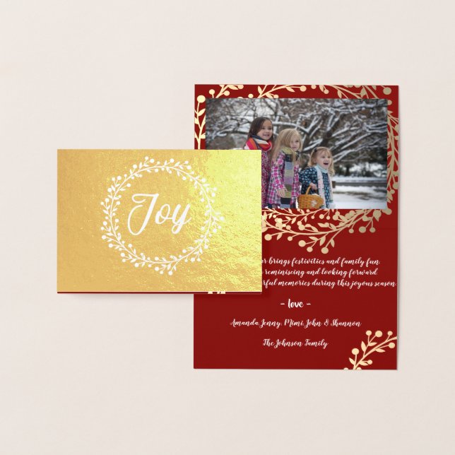 Tarjeta Con Relieve Metalizado Mountain Ash Wreath Joy Family Photo Burgundy Gold (Demostración)