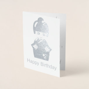 Tarjeta Con Relieve Metalizado muñeca japonesa - cumpleaños de plata
