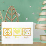 Tarjeta Con Relieve Metalizado Música de amor por la paz Hermosa Oro de Música<br><div class="desc">Esta hermosa tarjeta de Navidades de músicos cuenta con un signo de paz, corazón y el trébol a escala musical en un elegante Relieve metalizado de oro. Personalizar el interior para tus amigos musicales. Grandes cartas para un coro o director de banda, cantantes de coro u otras personas con inclinaciones...</div>