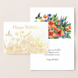 Tarjeta Con Relieve Metalizado Naranja Flores Hummingbird Birthday Gold