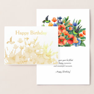 Tarjeta Con Relieve Metalizado Naranja Flores Hummingbird Birthday Gold