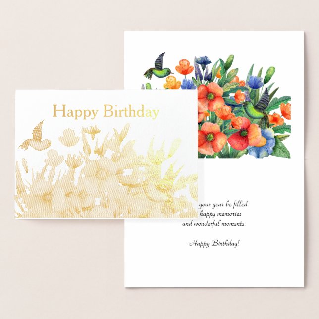 Tarjeta Con Relieve Metalizado Naranja Flores Hummingbird Birthday Gold (Demostración)