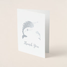 Tarjeta Con Relieve Metalizado Narwhal Baby Shower Blue Boy Whale
