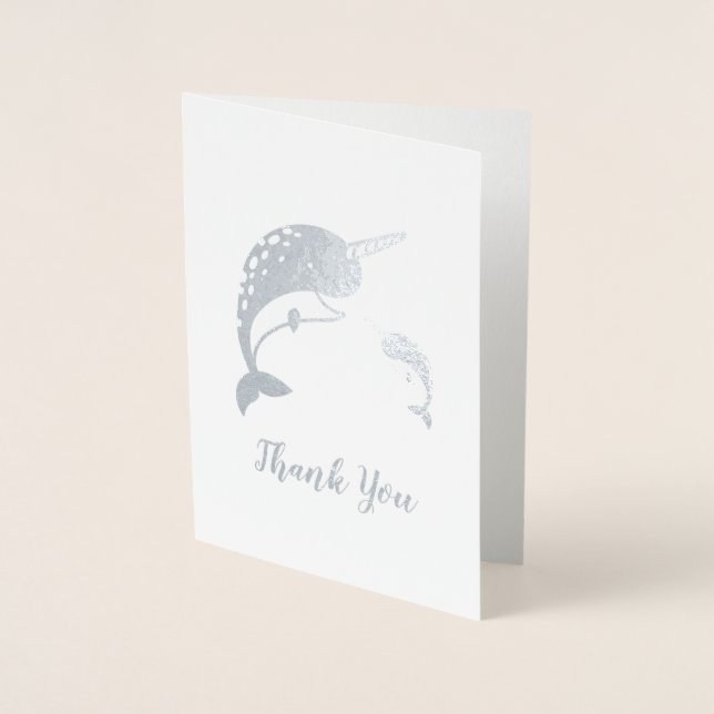 Tarjeta Con Relieve Metalizado Narwhal Baby Shower Blue Boy Whale (Anverso)