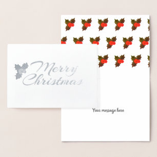Tarjeta Con Relieve Metalizado Navidad de Bayas de Acebo Plateado