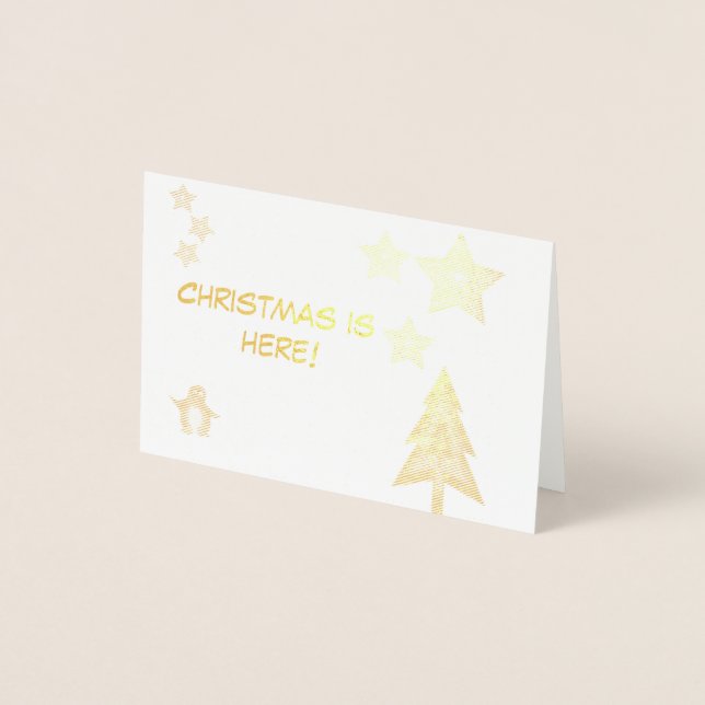 Tarjeta Con Relieve Metalizado Navidades, pingüinos, árboles y estrellas lindos (Anverso)