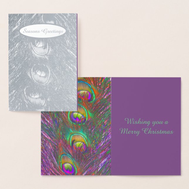 Tarjeta Con Relieve Metalizado Navidades Tinsel Peacock Feathers Personalizados (Demostración)
