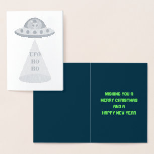Tarjeta Con Relieve Metalizado Navidades UFO Ho Ho Alien Personalizado de platill