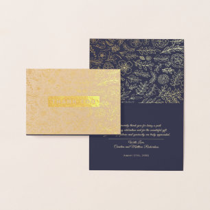 Tarjeta Con Relieve Metalizado Navy Blue Gold Floral Luxury Gracias Boda