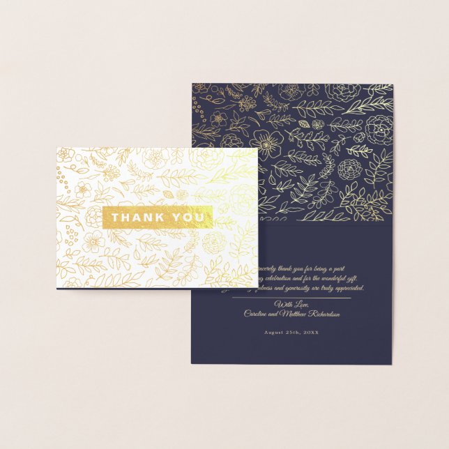 Tarjeta Con Relieve Metalizado Navy Blue Gold Floral Luxury Gracias Boda (Demostración)