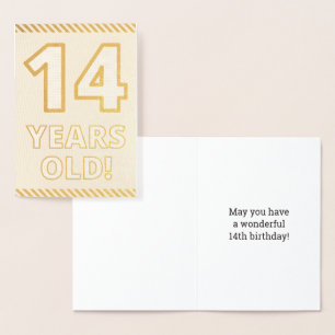 Tarjeta Con Relieve Metalizado Negrita, Relieve metalizado dorado "¡14 AÑOS!" Tar
