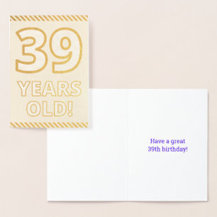 Tarjeta Con Relieve Metalizado Negrita, Relieve metalizado dorado "¡39 AÑOS!" Tar