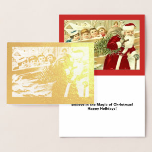 Tarjeta Con Relieve Metalizado Niños de época observando Santa, ZSSPG