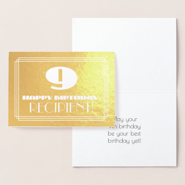 Tarjeta Con Relieve Metalizado Noveno Cumpleaños: Nombre + Art Deco Inspirado Asp (Demostración)