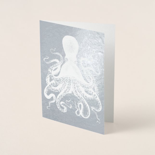 Tarjeta Con Relieve Metalizado Octopus de calamar plateado (Anverso)