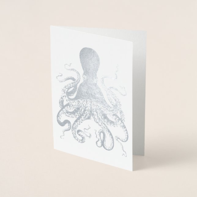 Tarjeta Con Relieve Metalizado Octopus de calamar plateado (Anverso)