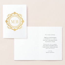 Tarjeta Con Relieve Metalizado Ornate Floral Monograma Boda Gracias