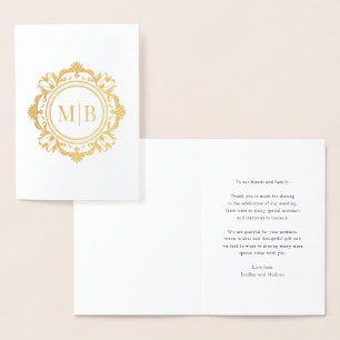 Tarjeta Con Relieve Metalizado Ornate Floral Monograma Boda Gracias