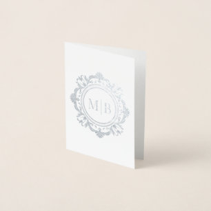 Tarjeta Con Relieve Metalizado Ornate Floral Monograma Boda Gracias