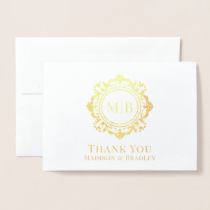 Tarjeta Con Relieve Metalizado Ornate Floral Monograma Boda Gracias