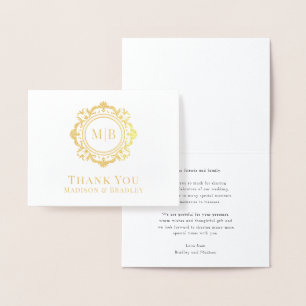 Tarjeta Con Relieve Metalizado Ornate Floral Monograma Boda Gracias
