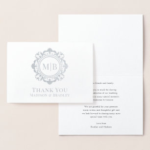 Tarjeta Con Relieve Metalizado Ornate Floral Monograma Boda Gracias