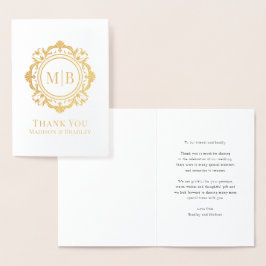 Tarjeta Con Relieve Metalizado Ornate Floral Monograma Boda Gracias