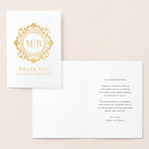 Tarjeta Con Relieve Metalizado Ornate Floral Monograma Boda Gracias