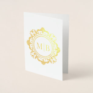 Tarjeta Con Relieve Metalizado Ornate Floral Monograma Boda Gracias