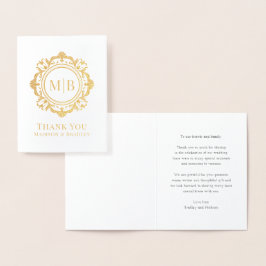 Tarjeta Con Relieve Metalizado Ornate Floral Monograma Boda Gracias