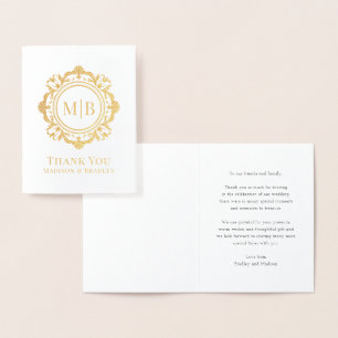 Tarjeta Con Relieve Metalizado Ornate Floral Monograma Boda Gracias