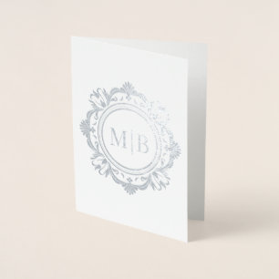 Tarjeta Con Relieve Metalizado Ornate Floral Monograma Boda Gracias