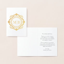 Tarjeta Con Relieve Metalizado Ornate Floral Monograma Boda Gracias