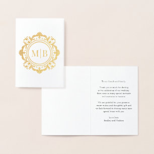 Tarjeta Con Relieve Metalizado Ornate Floral Monograma Boda Gracias