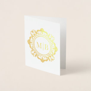 Tarjeta Con Relieve Metalizado Ornate Floral Monograma Boda Gracias