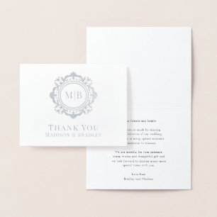 Tarjeta Con Relieve Metalizado Ornate Floral Monograma Boda Gracias