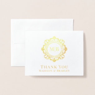 Tarjeta Con Relieve Metalizado Ornate Floral Monograma Boda Gracias