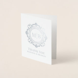 Tarjeta Con Relieve Metalizado Ornate Floral Monograma Boda Gracias