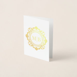 Tarjeta Con Relieve Metalizado Ornate Floral Monograma Boda Gracias